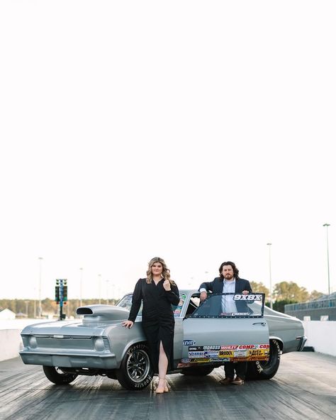 Megan Morales Photography, Raleigh Wedding photographer, Drag Strip engagement session, racetrack engagement session, racetrack photoshoot, unique engagement session, engagement outfit inspo, couple posing, black dress, racecar photoshoot Racetrack Photoshoot, Photoshoot Unique, Sarah Tucker, Drag Strip, Raleigh Wedding, Engagement Outfit, Engagement Inspo, Drag Racer, Unique Engagement