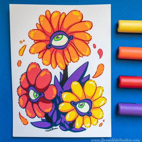 Flowers With Posca Pens, Flower Posca Art, Posca Pens Flowers, Pasco Marker Art, Colorful Marker Drawing, Color Pencil And Marker Art, Pasco Pen Art, Posca Color Palette, Abstract Posca Art