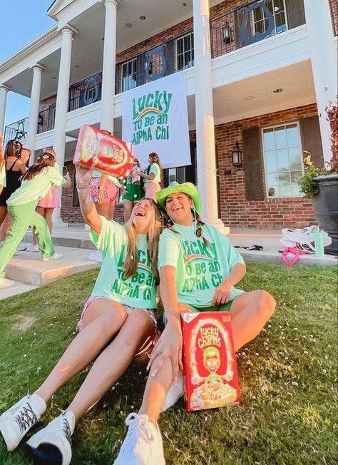 Lucky Charm Sorority Theme, Texas Tech Sorority, Lucky Charm Sorority, Lucky Me Sorority Theme, Lucky Charms Sorority Theme, Lucky Charms Outfit, Lucky Me Bid Day, Lucky Charms Bid Day, Lucky Charms Costume