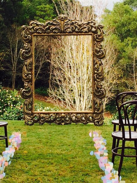 Giant ornate gold frame backdrop for your sunshine Coast, Queensland, Australia wedding.  www.dreamweddingceremonies.com.au Diy Frame Backdrop, Giant Frame Ideas, Bridgerton Backdrop, Gold Frame Backdrop, Picture Frame Backdrop, Giant Picture Frame, Victorian Backdrop, Gold Photo Backdrop, Mirror Backdrop