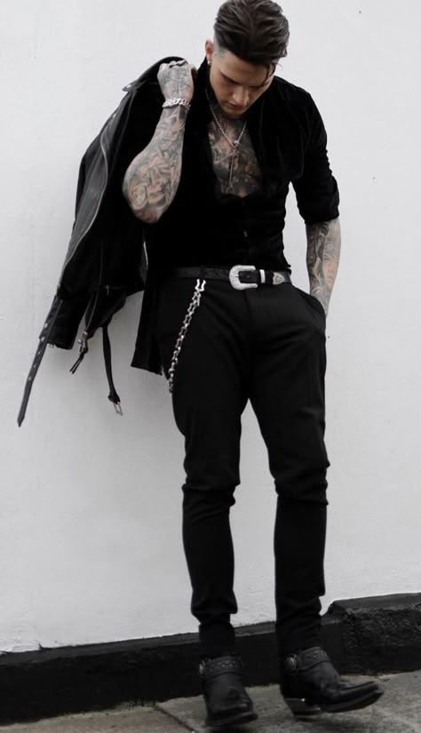 Rocker Outfit Men, Rock Outfit Men, Rock Outfits Men, Biker Outfit Men, Goth Mens Fashion, Goth Outfits Men, Biker Style Men, Rockstar Aesthetic Outfits, Gothic Fashion Men