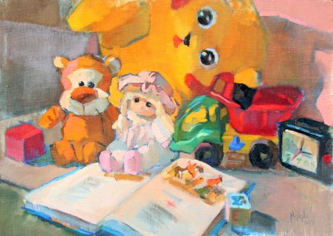 Colorful still life painting with toys Memory Artwork, Childhood Memories Art, Childhood Art, Nostalgia Art, Art Alevel, Dancing Drawings, Art Assignments, Nostalgic Art, Art Theme