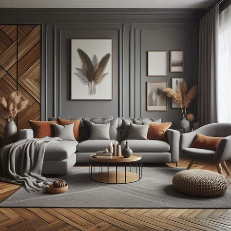 Grey and Brown Living Room Warm Wood Accent Brown Living Room Ideas, Grey And Brown Living Room, Grey Walls Living Room, Brown Living Room Decor, Taupe Walls, Color Palette Living Room, Grey Living Room, Accent Colors For Gray, Living Room Warm