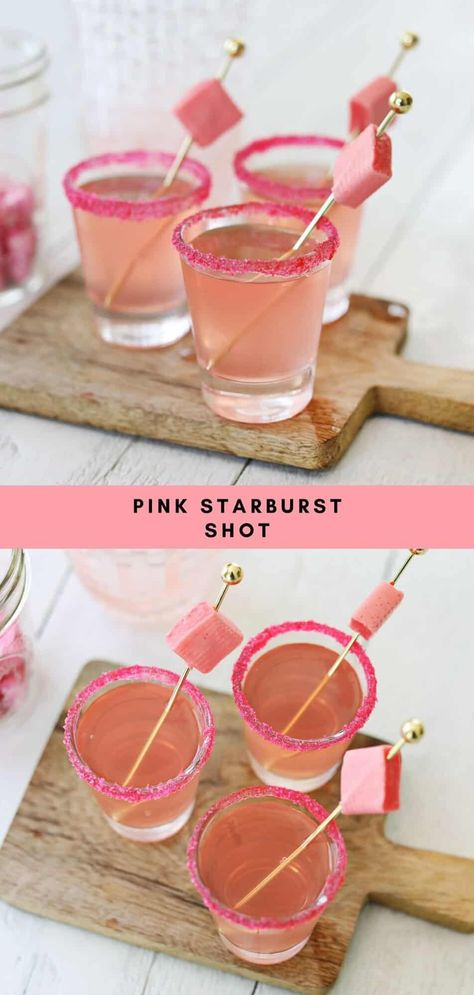 Pink Starburst Shot - A Beautiful Mess Starburst Shot Recipe, Pink Starburst Shot Recipe, Pink Starburst Shots, Pink Whitney Shots, Pink Shooters, Pink Starburst Drink, Pink Snacks For Party, Starburst Shots, Pink Starburst Jello Shots