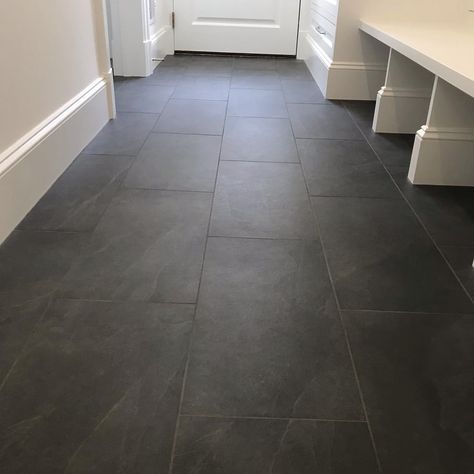 Mike Corona | Mudroom envy 🤩 12x24” black slate porcelain Simple & Clean ✅ #coronamarbleandtile #teamcoronatile #professional #tilecontractor… | Instagram Grey Tile Mudroom, Slate Tile Floor Mudroom, Slate Herringbone Tile Floor Mudroom, Black Slate Tiles Bathroom, Black Mudroom Tile, Laundry Room Black Tile, Porcelain Slate Floor Tile, Black Entryway Tile, Black Floor Mudroom