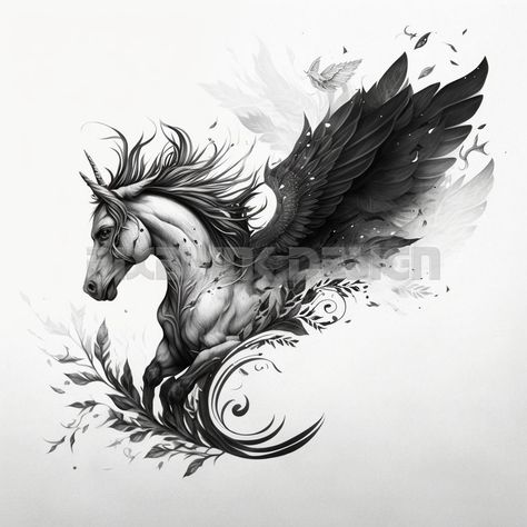 Pegasus Tattoo Stencil, Horse Spirit Tattoo, Pegasus Art Drawing, Pegasus Tattoo Men, Pegasus Tattoo Women, Pegasus Tattoo Design, Mythical Creatures Tattoo, Dark Horse Tattoo, Pegasus Tattoo