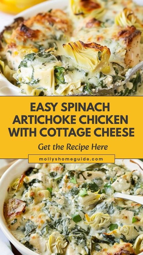 Indulge in the creamy goodness of spinach artichoke chicken made with cottage cheese. This recipe is a delightful twist on a classic favorite, combining tender chicken with a luscious blend of spinach, artichokes, and rich cottage cheese. The result is a flavorful and satisfying dish that is perfect for any occasion. Whether you're cooking for yourself or entertaining guests, this spinach artichoke chicken recipe will surely impress. Try it today and experience the delicious harmony of flavors i Spinach Artichoke Chicken With Cottage Cheese, Chicken With Artichokes And Spinach, Spinach Artichoke Cottage Cheese, Cooking Spinach Recipes, Trader Joes Spinach Artichoke Dip Chicken Recipe, Chicken And Cottage Cheese Recipes Low Carb, Chicken Spinach Cottage Cheese Recipes, Chicken Spinach Artichoke Recipes, Low Carb Artichoke Recipes