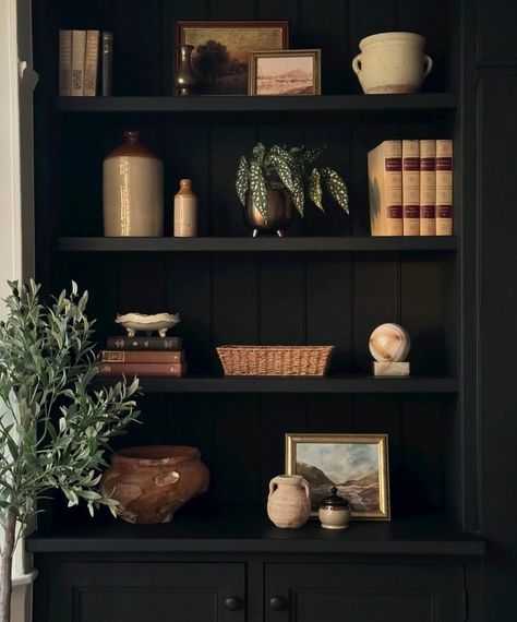 Need some shelf styling inspo? @beyondtheblankcanvas has us covered with this dark & moody #shelfie #idealhome #shelfstyling #homestyling Dark Alcove Shelving, Black Alcove Shelves, Black Bookshelf With Wallpaper Backing, Black Bookcase Decor, Moody Shelf Styling, Dark Shelf Decor, Black Bookcase Styling, Dark Bookshelf Styling, Black Bookshelf Decor