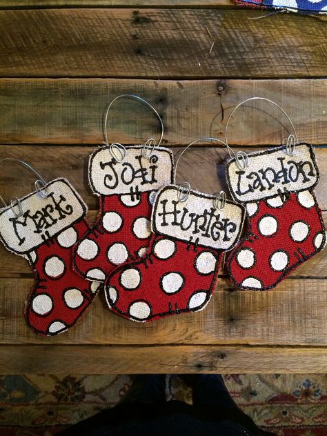 Stocking burlap ornaments Wooden Stockings Christmas, Naked Doors, Wood Stocking, Burlap Ornaments, Stocking Ornaments, Christmas Plaques, Burlap Crafts, Stocking Ornament, Burlap Christmas