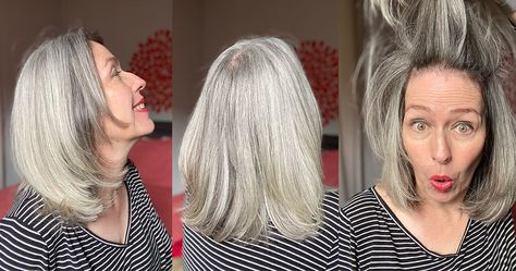 After 25+ years of dyeing my hair, I finally have a full head of natural gray hair. I chose to go gray the slow way - by stopping the dye cold turkey and doing no further treatments. I went from dark brown dyed hair to silver-gray hair over two years and I love the result! It's fantastic being a silver sister. Find out how I did it on my blog! Dark Brown Dyed Hair, Brown Dyed Hair, Dyeing My Hair, Red Scene Hair, Grey Hair Journey, Gray Hair Transition, Silver Haired Beauties, Grey Hair Dye, Hair Transition