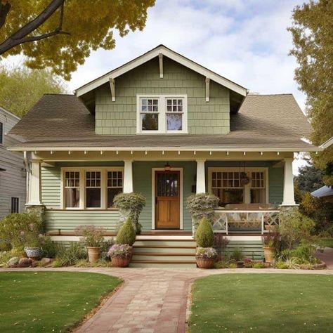 Craftsman Style Homes Exterior Color, Craftsman House Colors, Green Home Exterior, Craftsman Colors, Green Exterior House Colors, Tudor Homes, Green House Exterior, Outside House Colors, Craftsman Homes