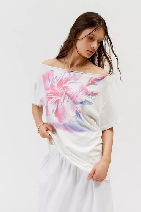 Beachy Off-The-Shoulder Tee | Urban Outfitters Off The Shoulder Graphic Tee, Off The Shoulder Tshirt, Off The Shoulder Tee, Women's Graphic Tees, Vintage Graphic Tees, Mini Slip Dress, Top Graphic Tees, Vintage Graphic, Summer Ready