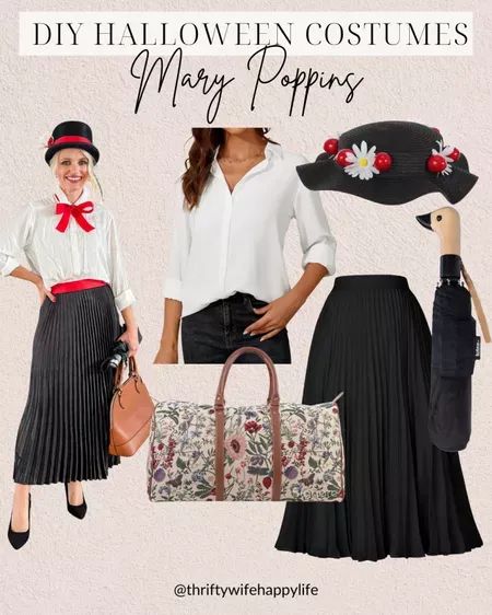 DIY Halloween Costume for Mary Poppins- links to recreate this last minute mary poppins costume! Easy Mary Poppins Costume, Mary Poppins Family Costume, Mary Poppins Dress, Mary Poppins Costume, Diy Halloween Costume, Mary Poppins, Family Costumes, Diy Halloween Costumes, Girl Costumes