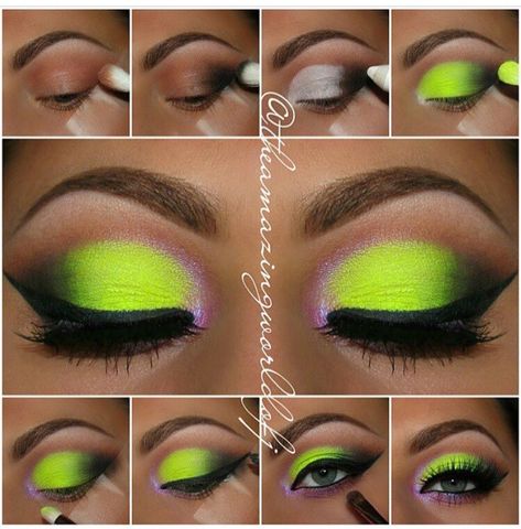 Neon Green And pink Eye Makeup Pictorial.If you find it useful then please like. Follow me for more tips. Thank you. Eye Makeup Pictorial, Make Up Yeux, Colorful Eye Makeup Tutorial, Maquillage Yeux Cut Crease, Makeup Pictorial, Neon Makeup, Makeup Face Charts, Pink Eye Makeup, Eye Makeup Pictures