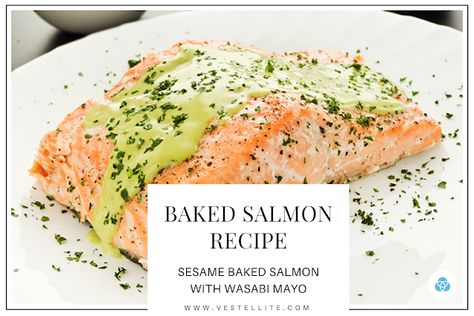 Sesame Baked Salmon Recipe with Wasabi Mayo Mayo Salmon, Wasabi Mayo, Baked Salmon Recipe, Sesame Sauce, Sesame Seed, Baked Salmon Recipes, Tasty Recipe, Salmon Recipe, Salmon Fillets