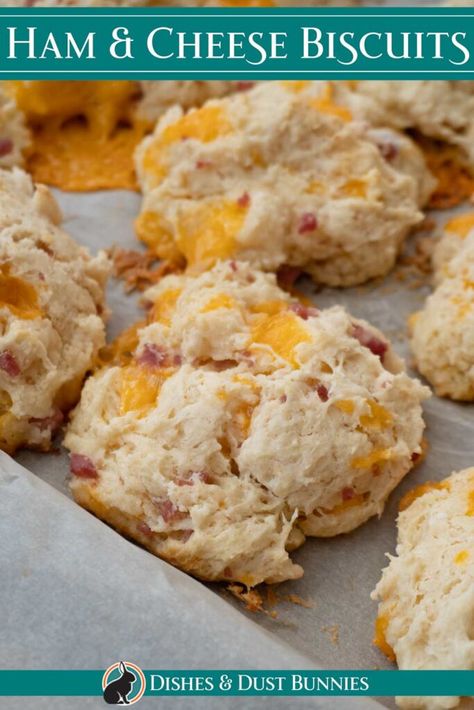 These delicious and easy to make ham and cheese drop biscuits are light and tender with bits of ham and sharp cheddar cheese baked right in. Perfect for using up leftover ham, and great for breakfast or any time! Cheese Drop Biscuits, Ham And Cheese Biscuits, Biscuit Dishes, Ham Biscuits, Dust Bunnies, Cheese Baked, Cheddar Biscuits, Drop Biscuits, Cheese Biscuits