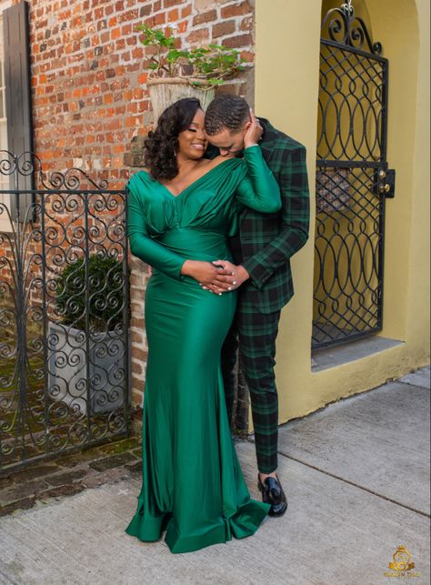 Emerald Green Couple Outfits Formal, Emerald Green Couple Outfits, Couple Formal Outfits, Charleston Engagement Photos, Engagement Photo Dress, Charleston Engagement, Beautiful Engagement Photos, Wedding Renewal, Engagement Dress