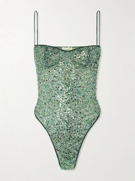 EXCLUSIVE AT NET-A-PORTER. No Oséree collection would be complete without scores of light-catching sequins. Made from mesh, this bodysuit has a sweetheart neckline framed by slim straps and underwired cups for light support. Wear yours with a pair of high-waisted jeans. Dark Green Bodysuit, Sparkly Top Outfit, Sequin Set, Estilo Kardashian, 21st Birthday Outfits, Mardi Gras Outfits, Sequin Bodysuit, Mode Ootd, Mermaid Fashion