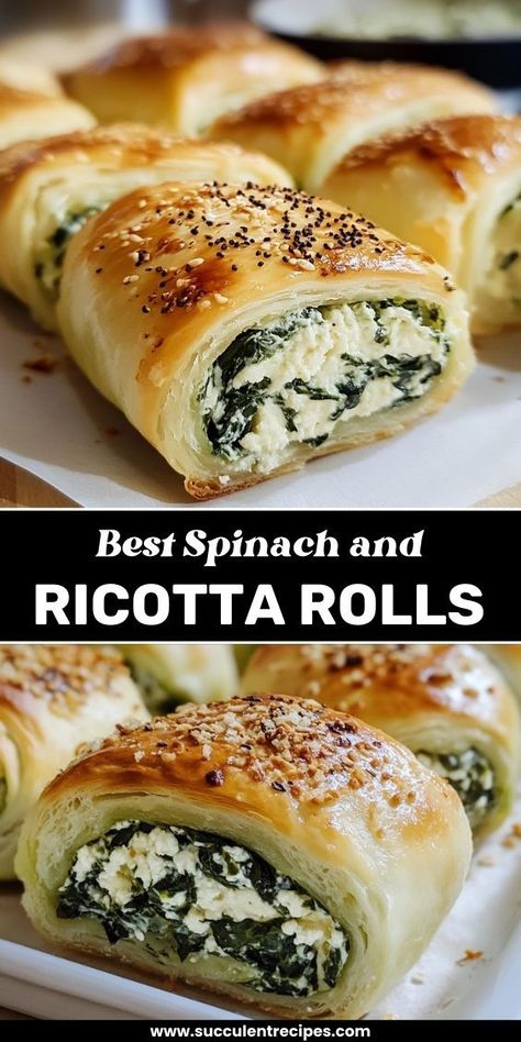 Indulge in The Best Spinach and Ricotta Rolls! These flaky, savory rolls are packed with fresh spinach and creamy ricotta, perfect as an appetizer or a delightful snack. Spinach Ricotta Sausage Rolls, Spinach Pizza Rolls, Spinach Stuffed Bread, Spinach Ricotta Calzone, Spinach Ricotta Rolls, Ricotta Savory Recipes, Spinach Ricotta Feta Puff Pastry, Spinach Phyllo Recipes, Leftover Ricotta Recipes