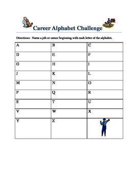 This is an activity I created while teaching a career development class in middle school. However, it could also be used in an upper elementary or even a high school  classroom as part of a career class or a career unit. Students are challenged to name jobs or careers that began with every letter of the alphabet. (Yes, it's possible.) I created this activity because I found that my students, most of whom were from low income neighborhoods, had a very limited idea of the jobs that were available. High School Class Activities, Springboard Ideas, Career Activities, Career Lessons, Alphabet Challenge, Find Job, High School Counselor, Teaching Degree, Career Readiness