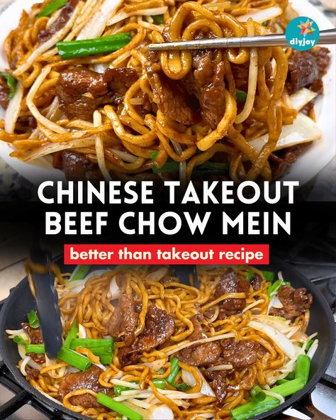 Chinese Takeout Beef Chow Mein Recipe | Better than Takeout Recipe | Easy Beef and Noodle Stir Fry via @diyjoycrafts Beef Chow Mein Recipe Easy, Beef Chow Mein Recipe, Pork Chow Mein, Beef Chow Mein, Noodle Stir Fry, Homemade Chinese, Homemade Chinese Food, Chow Mein Recipe, Chow Mein Noodles