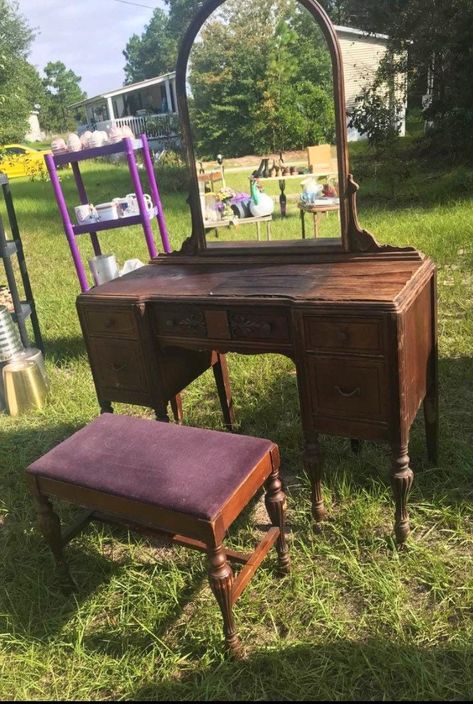 "\"We Chic'd It!\" Breathing New Life into Your Everyday Furniture! Pic 3 - IS Available - Late 1800s Antique Vanity with Bench is AVAILABLE!  We will restore the vanity top, custom paint/stain depending on your choice, along with updating the bench with new padding and upholstery. Pricing includes labor and furniture purchase. Does not include shipping! Vanity with Mirror plus a Bench - 44\"w x 18.5\"d x 64.5\"h (base only: 44\"w x 18.5\"d x 31\" tall) Pic 1 - SOLD - Early 1930s Antique Vanity Painted Antique Vanity, Antique Vanity Makeover, Vanity Restoration, Painted Makeup Vanity, Painted Vanities, Antique Vanity With Mirror, Refinished Vanity, Mirror And Bench, Antique Makeup Vanities