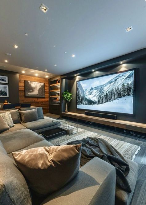 Large Tv Room Ideas, Apartment Theater Room, Simple Movie Room Ideas, Basement Large Tv Wall, Cozy Basement Tv Room, Basement Family Room Ideas Cozy Living Interior Design, Functional Basement Ideas, Large Tv Living Room, Projector In Basement