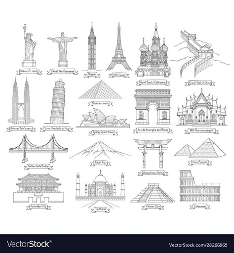 World Landmarks Drawing, Famous Landmarks Drawing, Travel Around The World Drawing, Travel Doodle Art, Landmark Drawings, Landmarks Drawing, Travel Art Drawing, Famous Landmarks Around The World, Landmarks Of The World