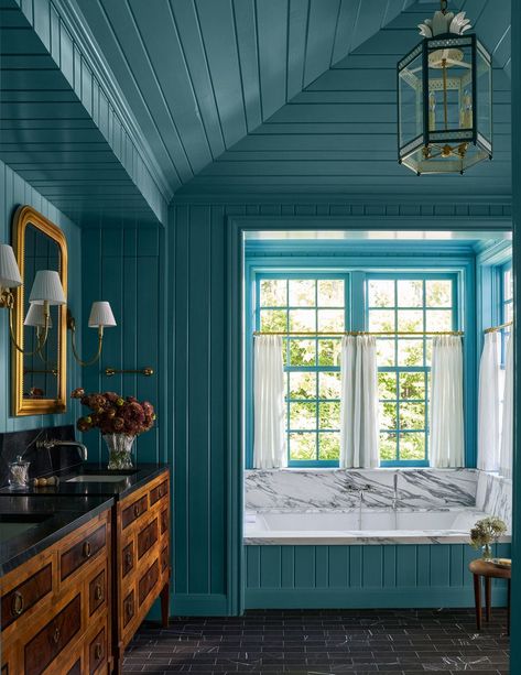 Cobblestone Interior Design Project | Katie Davis Design Cobblestone Interior, Blue Trim Interior, Katie Davis Design, Katie Davis, Blue Ceiling, Bold Bathroom, Drop In Bathtub, Beadboard Ceiling, Fantasy Rooms