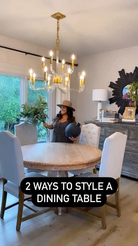 makinghouseahome on Instagram: ✨One dining area, two ways to style. Keep it simple with a vessel and greenery or add a Lazy Susan with a few other small decor items. Here… Center Of Dining Table Decor, Simple Dining Table Decor Ideas, Centerpiece For Round Dining Room Table, Round Table With Runner Dining Rooms, Year Round Dining Table Decor, Round Table Runner Ideas Dining Rooms, Kitchen Round Table Centerpiece, Centerpiece For Small Round Table, Dining Table Centerpiece Ideas Everyday