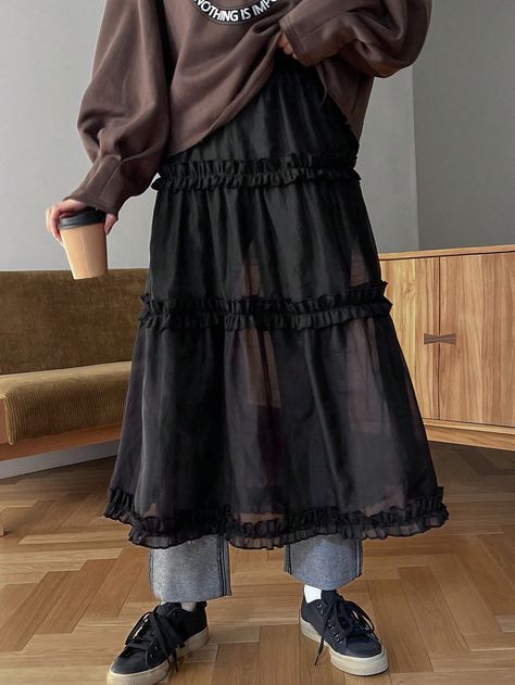 Black Casual,Cute Collar  Fabric Plain Layered/Tiered Embellished Non-Stretch  Women Clothing Long Black Tiered Skirt Outfit, Black Tiered Skirt Outfit, Long Skirt Outfit Ideas, Tiered Skirt Outfit, Ruffled Long Skirt, Black Tiered Skirt, Layered Ruffle Skirt, Long Skirt Outfits, Rock Outfit