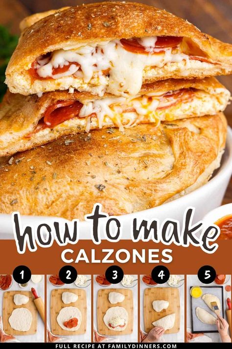 Learn how to make calzones with this easy pepperoni calzone recipe. Calzones are fun and quick to make for pizza night! Use premade pizza dough or make your own homemade pizza dough. These pepperoni calzones have a ricotta, parmesan and mozzarella cheese mixture plus a blend of spices. And don't miss the egg wash on the top of the calzone! Oven baked calzones are easy to make. Pepperoni Calzone, Calzone Recipe Easy, Homemade Calzone, Pizza Oven Recipes, Calzone Recipe, Recipes Pizza, Pizza Roll, Best Pizza Dough, Pizza Recipes Homemade