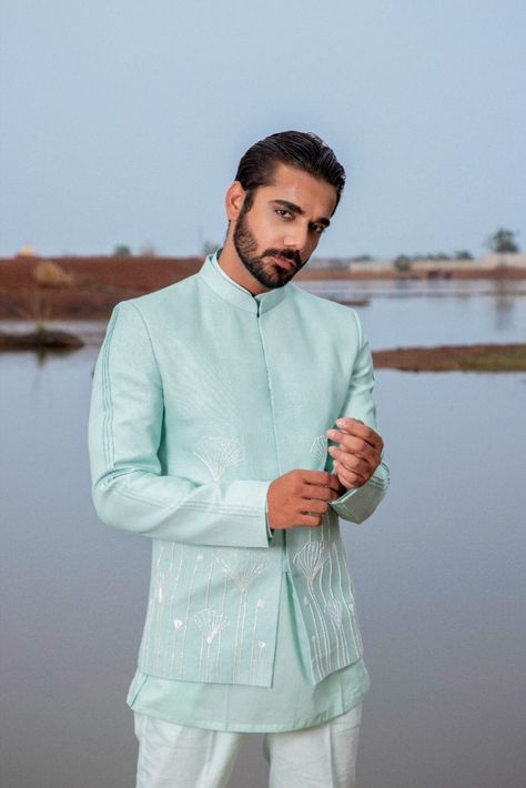 By Runit Gupta Kurta Set For Men, Pleated Sleeves, Pattern Embroidery, Cotton Pyjamas, Kurta Set, Full Sleeves, Powder Blue, Mandarin Collar, Aza Fashion