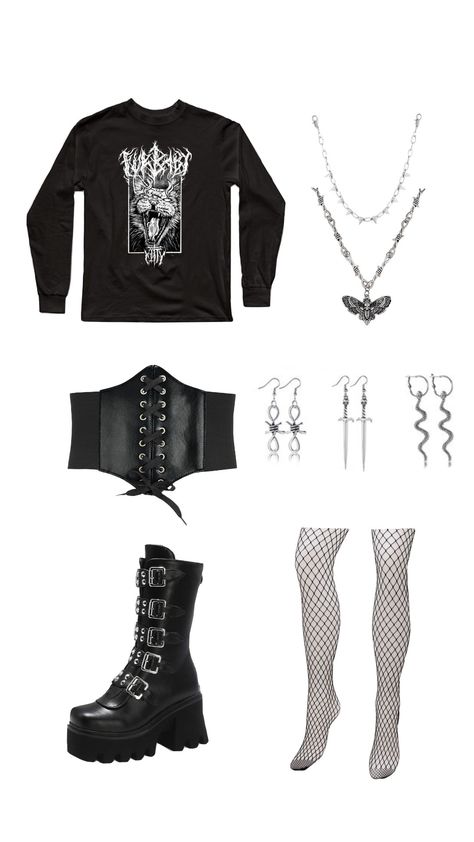 Metal concert outfit idea #outfit #outfitinspo #concertoutfit #metal #metalhead Sleep Token Outfit Ideas, Metalhead Clothes, Metal Concert Outfit Ideas, Metalhead Outfits, Metal Concert Outfit, Warped Tour Outfit, Metal Concert, Tour Outfits, Warped Tour