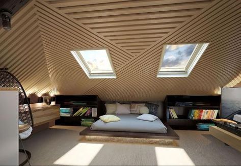 15 Striking Ideas to Decorate a Bedroom With Slanted Walls | Kolo Magazine Attic Ceiling Ideas Slanted Walls, Bed Under Sloped Ceiling, Attic Room Ideas Slanted Walls, Bedroom Ideas Slanted Ceiling, Bedrooms With Slanted Ceilings, Slanted Ceiling Ideas, Decorating Slanted Walls, Bedroom Slanted Walls, Rooms With Slanted Ceilings