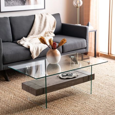 Kayley Coffee Table in Glass and Grey Oak – BURKE DECOR Modern Glass Coffee Table, Marble Shelf, Single Shelf, Art Foundation, Coffee Table Wayfair, Top Art, Grey Oak, Glass Coffee Table, Modern Glass