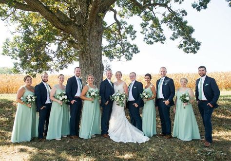 Wedding party - navy and sage green Sage Bridesmaids And Groomsmen, Navy And Seafoam Wedding, Navy And Sage Wedding Color Schemes, Sage Green And Navy Blue Wedding, Sage Green And Navy Wedding, Sage And Navy Wedding, Navy And Sage Wedding, Navy Blue Suit Wedding, Hunter Green Wedding