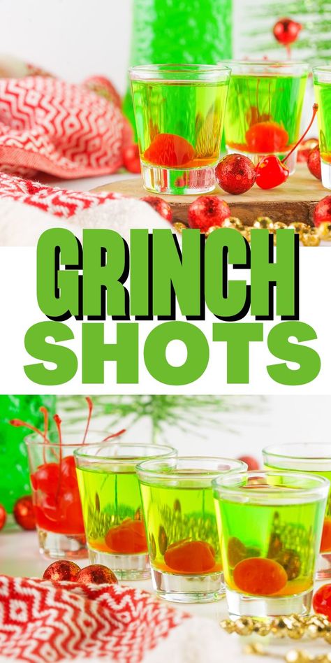 Grinch Party Food Easy Recipes, Grinch Holiday Drink, Grinch Shots Christmas Drinks, Easy Christmas Shots Recipes, Christmas Themed Shots, Grinch Punch Alcohol, Holiday Shots Alcohol, Grinch Drink For Adults, Grinch Alcoholic Drink