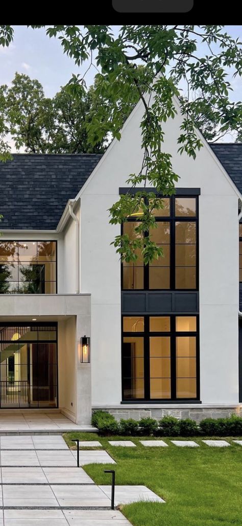 Two Story Modern House Exterior, Black Grid Windows Exterior, Transitional Brick House Exterior, French Modern House Exterior, French Modern House, French Modern Exterior, Transitional Modern Exterior, Transitional House Design, Modern Transitional Exterior