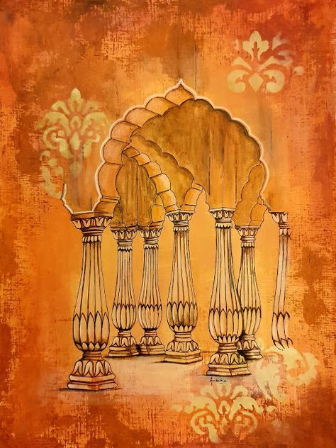 Mughal Pillar Design, Mughal Pillars, Rajasthani Background, Indian Architecture Painting, Jaipur Illustration, Rajasthan Illustration, Pillar Painting, Jaipur Diaries, Arches Wallpaper