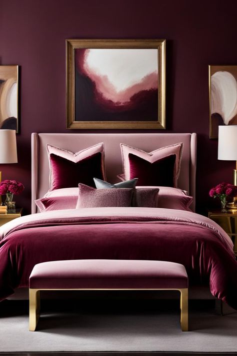 Imagine a space with burgundy walls and a statement velvet headboard in a lighter shade of pink. A dresser and soft, grey bedding contrast the dark walls, with gold-framed artwork adding sophistication. Burgundy And Pink Bedroom Ideas, Pink Monochromatic Bedroom, Blush And Burgundy Bedroom, Burgundy And Pink Bedroom, Dark Feminine Room Decor, Burgundy Room Aesthetic, Pink And Burgundy Bedroom, Dark Pink Bedroom Ideas, Raspberry Bedroom