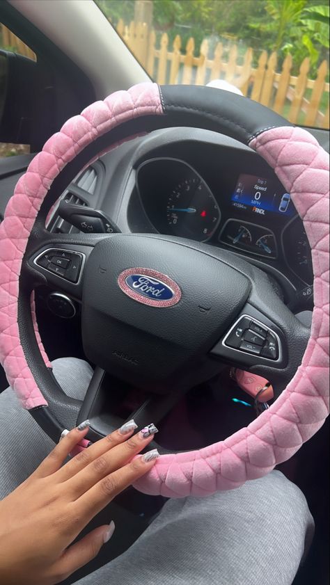 Cute pink steering wheel cover for ford Girly Steering Wheel Cover, Pink Wheel Cover, Cute Car Steering Wheel Cover, Black Car Pink Accents, Pink Honda, Pink Steering Wheel, Fuzzy Steering Wheel Cover, Pink Steering Wheel Cover, 1st Car