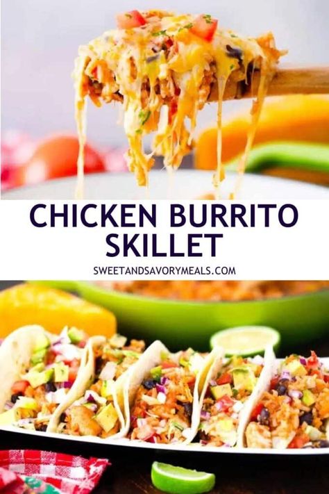 And with minimal meal prep, it is easy to make in minutes for simple dinner cuisine Chicken Burrito Skillet, One Pan Dinner, Chicken Burritos, Quick Weeknight Meals, Dinner Is Served, Cooking Inspiration, Easy Family Meals, Savory Snacks, Chicken Dinner Recipes