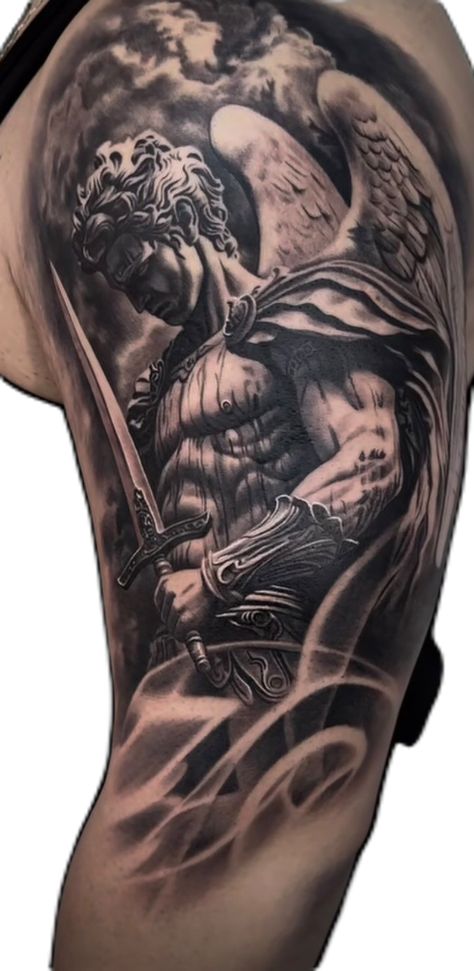 Angle Tattoo For Men, Tato Naruto, Angel Sleeve Tattoo, Angle Tattoo, Soldier Tattoo, Half Sleeve Tattoos Forearm, Archangel Tattoo, Inner Bicep Tattoo, Men Tattoos Arm Sleeve