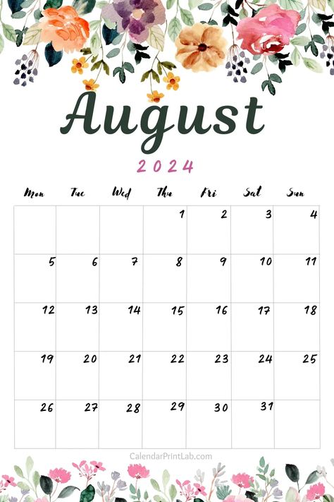 Free August 2024 Floral Calendar in Vertical Layout August 2024 Calendar Printable, August 2024 Calendar, August Wallpapers, Printable Calendar Design, August Wallpaper, Flower Calendar, Floral Calendar, Watercolor Calendar, August Calendar