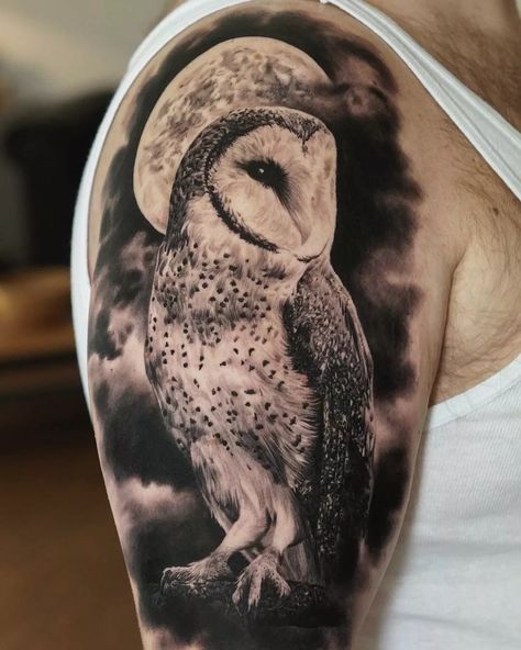 Owl Tattoo With Moon, Real Moon Tattoo, Owl Tattoo Dark, Barn Owl Tattoo Design, Moon Owl Tattoo, Dark Owl Tattoo, Barn Owl Tattoos, Moon Tattoo Realistic, Owl And Moon Tattoo