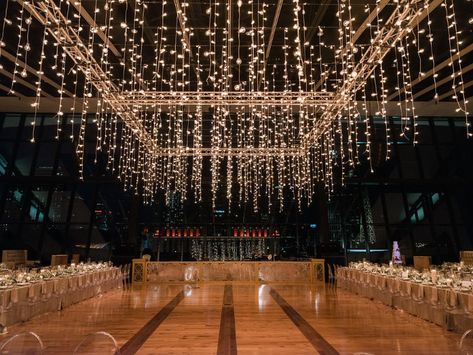 Waterfall Lights Wedding, Fairy Lights Wedding Dance Floor, Wedding Dance Floor Fairy Lights, Wedding Decoration With Lights, Hanging Twinkle Lights Wedding, Indoor Wedding Lights Ceilings, Wedding Ceiling Lights Indoor, Light Decorations Wedding, Hanging Lights At Wedding