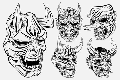 Oni Mask Tattoo Design Ideas Simple, Japanese Devil Tattoo, Devil Hand Tattoo, Japanese Demon Mask, Oni Mask Tattoo, Japanese Demon, Demon Mask, Devil Mask, Devil Tattoo