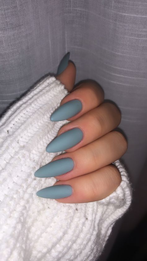 Matte Blue Grey Nails, Blue Gray Nails Acrylic Short, Matte Gray Blue Nails, Mat Almond Nails, Grey Blue Nail Ideas, Matte Dusty Blue Nails, Matte Blue Almond Nails, Blue Gray Almond Nails, Ashy Blue Nails