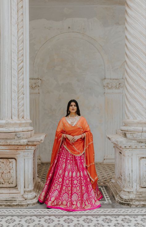 Pink And Orange Lengha, Orange And Pink Lehenga, Orange Lehenga Bridal, Pink Orange Lehenga, Pink And Orange Lehenga, Orange Lehenga, Lehenga Bridal, Fashion Bride, Pink Lehenga